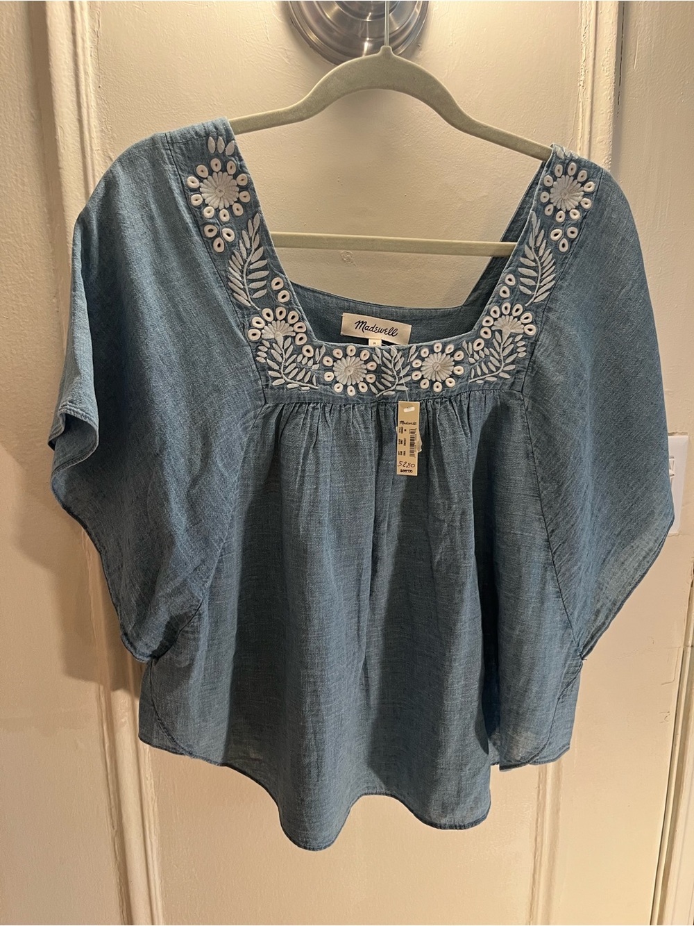 Madewell Chambray Blue Embroidered Square-Neck Top  NWT